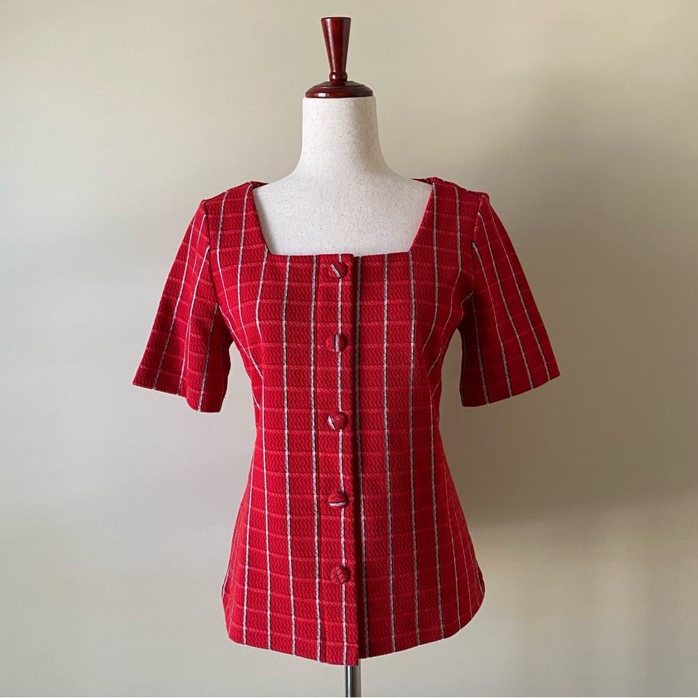 Ann Taylor red plaid top with square neckline size M